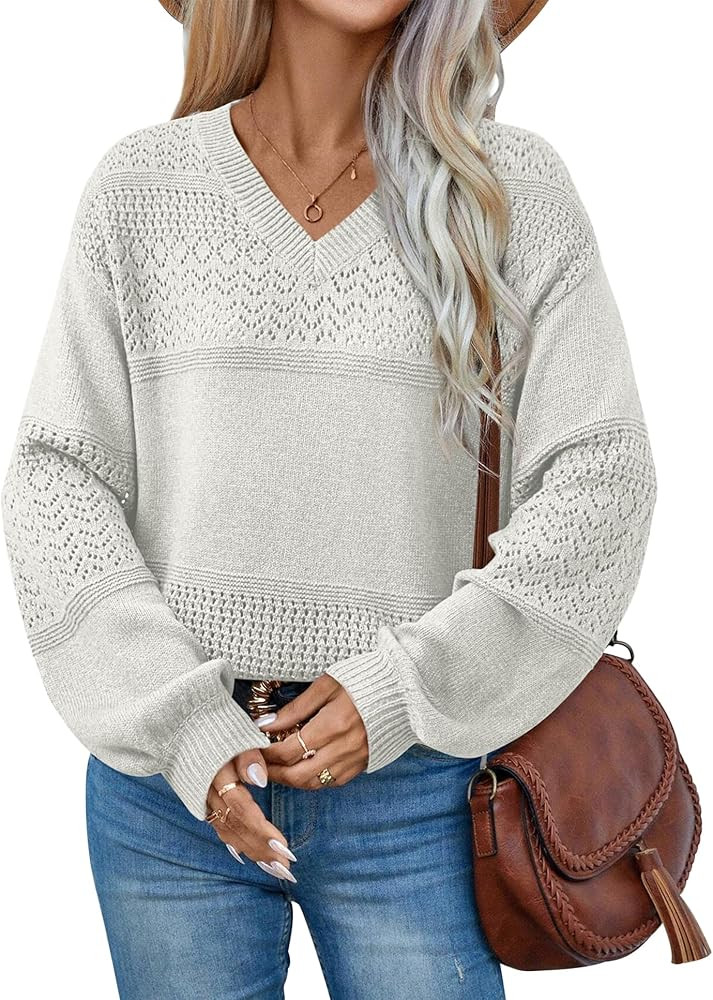 ATHMILE Sweaters for Women Fall Outfits Oversized Long Sleeve V Neck Crochet Sweaters Lightweight... | Amazon (US)