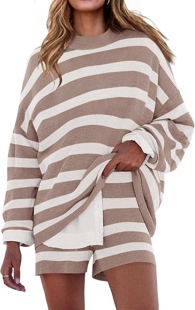 ZESICA Striped Lounge Sets for Women 2 Piece Oversized Outfits Long Sleeve Tops and Shorts Sweate... | Amazon (US)