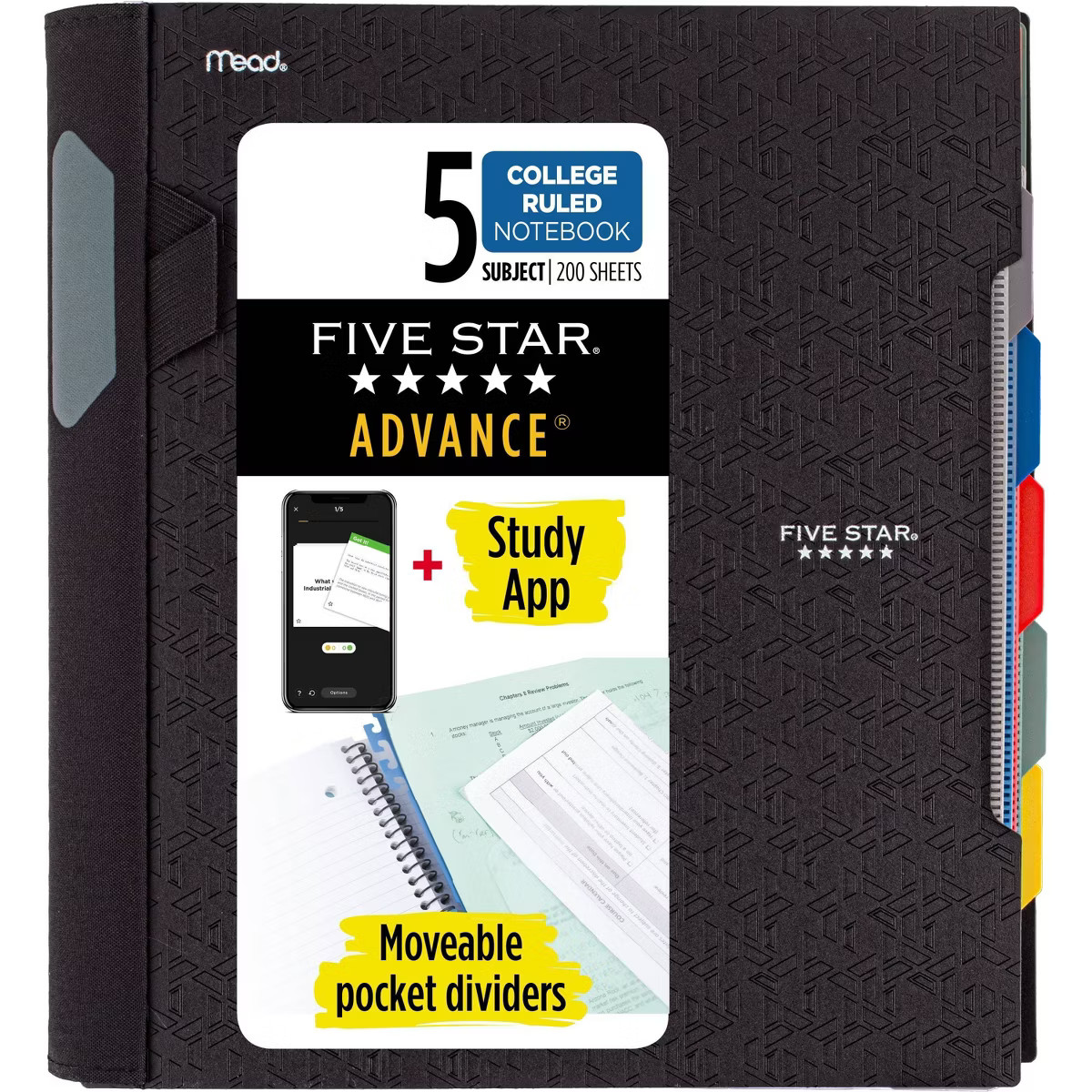 Five Star 200 Sheets 5 Subject College Ruled Spiral Notebook with Pocket Dividers Black | Target