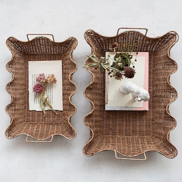 Scalloped Rattan Handled Nesting Trays Set of 2 | Antique Farm House