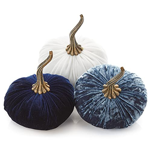 Set of 3 Velvet 6.25 Inch Pumpkins, blue pumpkins, gift set, hygge home, autumn tablescape, bowl filler for kitchen decor, bedroom decor, fall indoor decor (Luxe Indigo, Navy, Ivory) | Amazon (US)