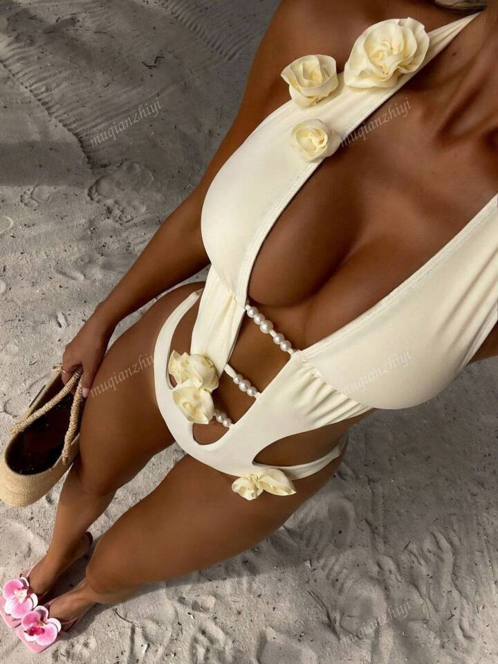 Women's One-Piece Swimsuit With 3D Floral Decor, Waist Cutout And Halter Neck, Sexy And Fashionable | SHEIN