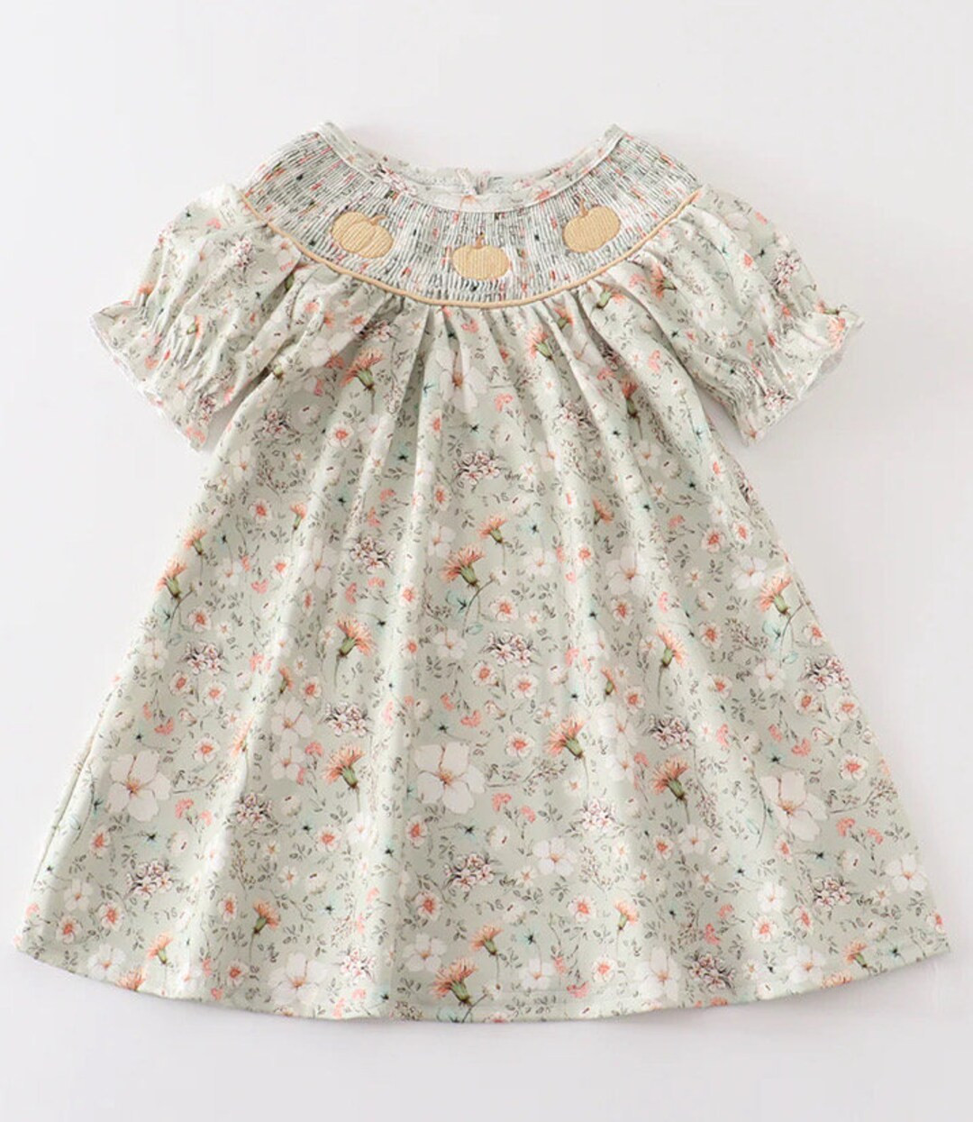 Girls Smocked Sage Floral Fall Pumpkin Dress - Etsy | Etsy (US)