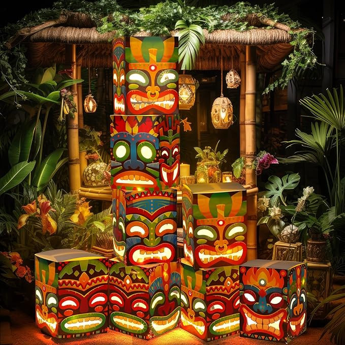 Janlaugh 8 Pieces Tiki Totem Box Decor with Light, Luau Party Decorations for Hawaiian Birthday P... | Amazon (US)