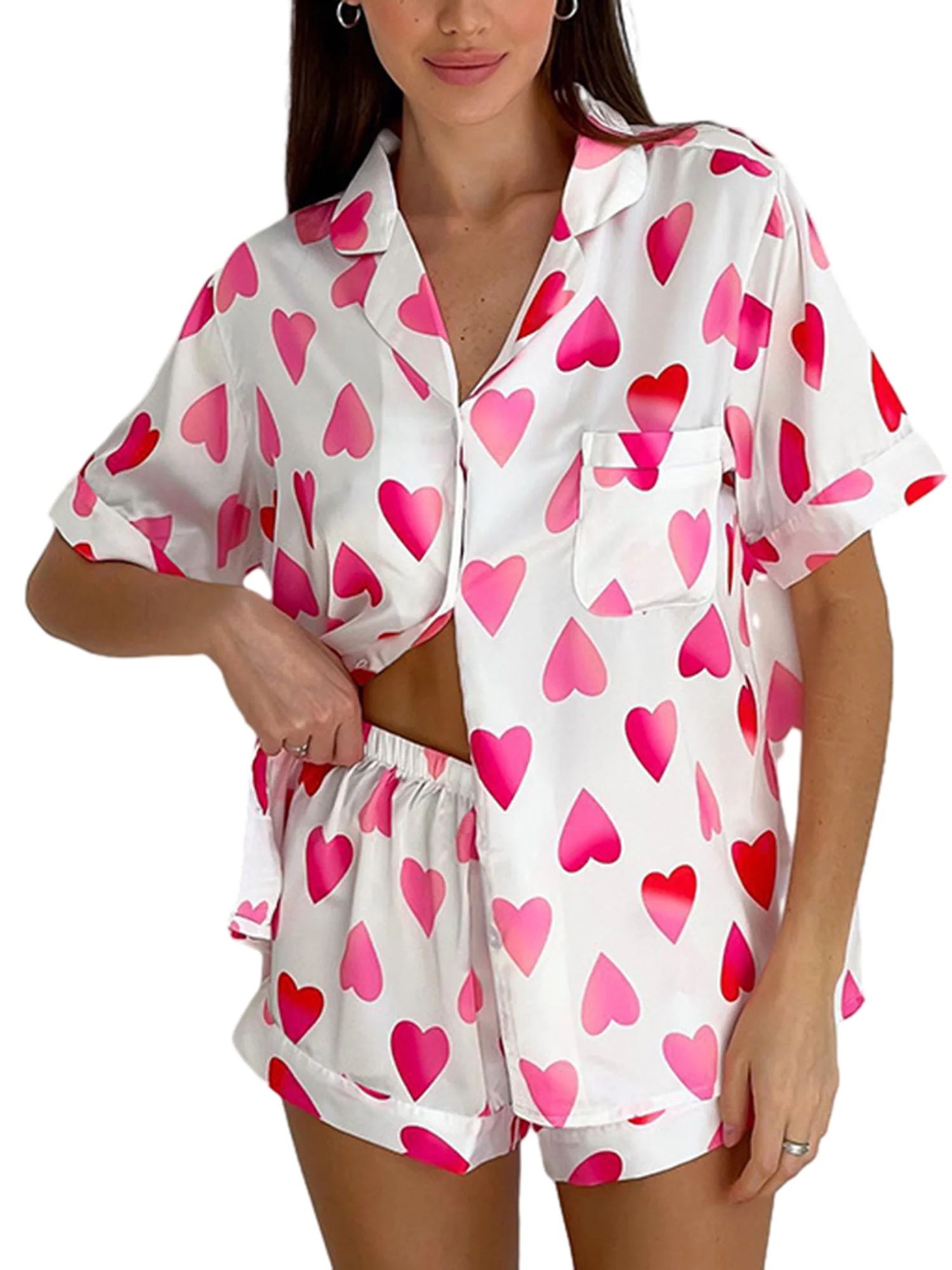 Canis 2Pcs Pajama Set for Women: Heart Print Shirt + Shorts | Walmart (US)