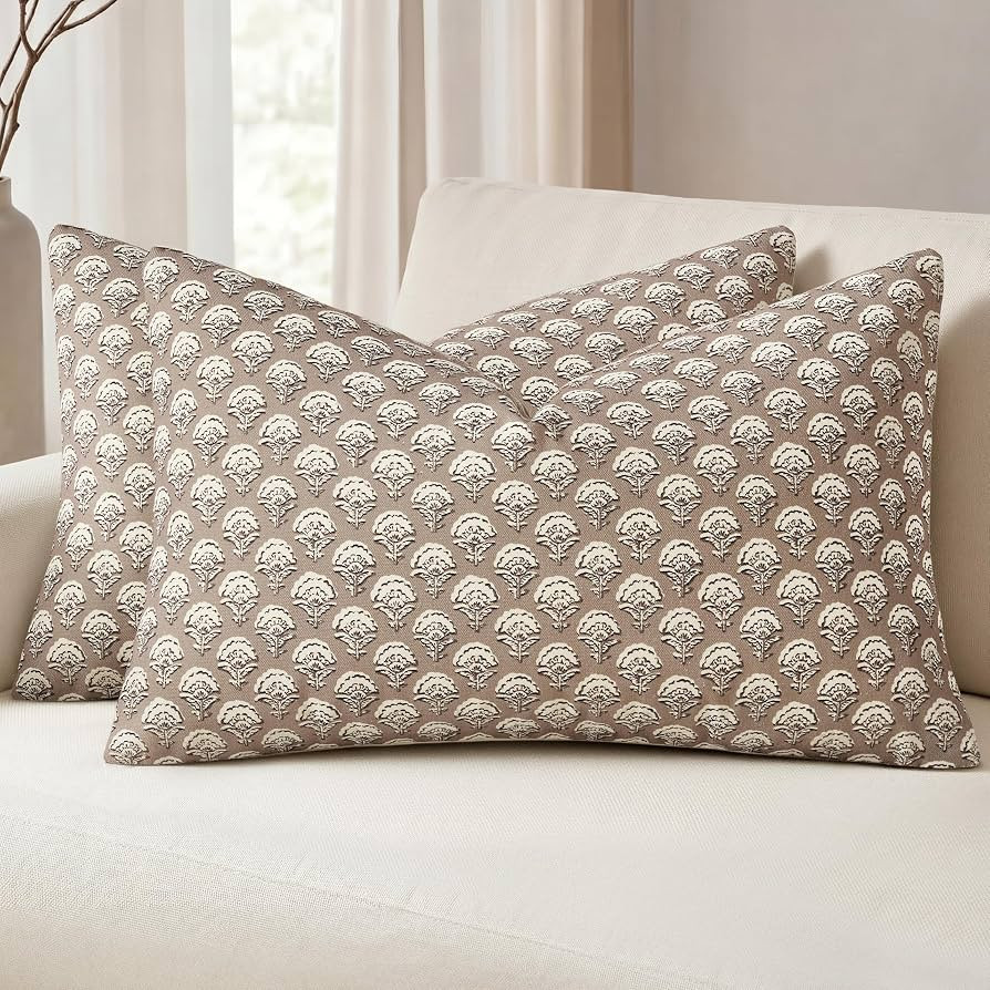 MIULEE Set of 2 Decorative Floral Lumbar Pillow Covers Neutral Vintage Throw Pillows Block Print ... | Amazon (US)