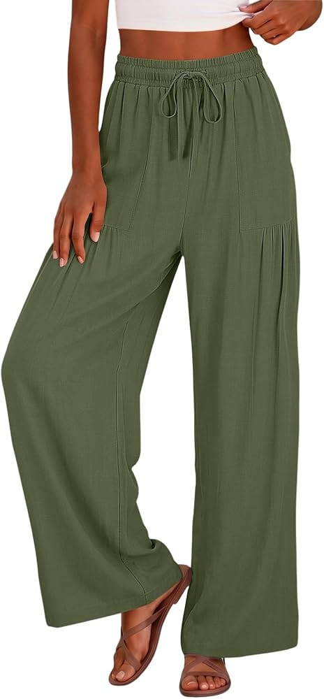 LOMON Women Cotton Linen Palazzo Pants Drawstring Elastic Waist 2026 Summer Casual Wide Leg Trous... | Amazon (US)