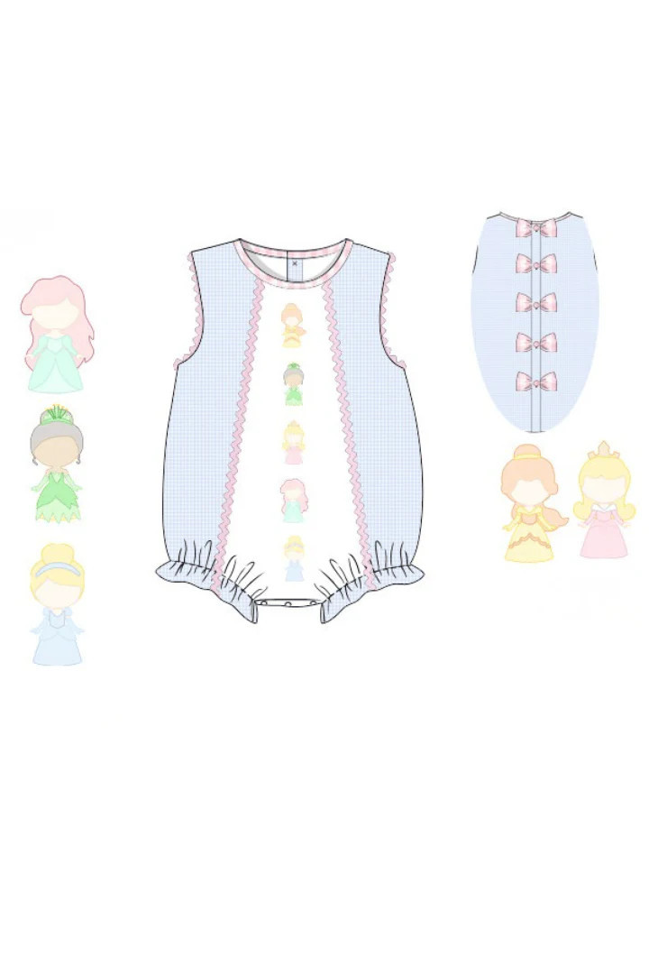 Pre-Order Shadow Embroidery Princess Blue Gingham Bow Bubble | The Smocked Flamingo