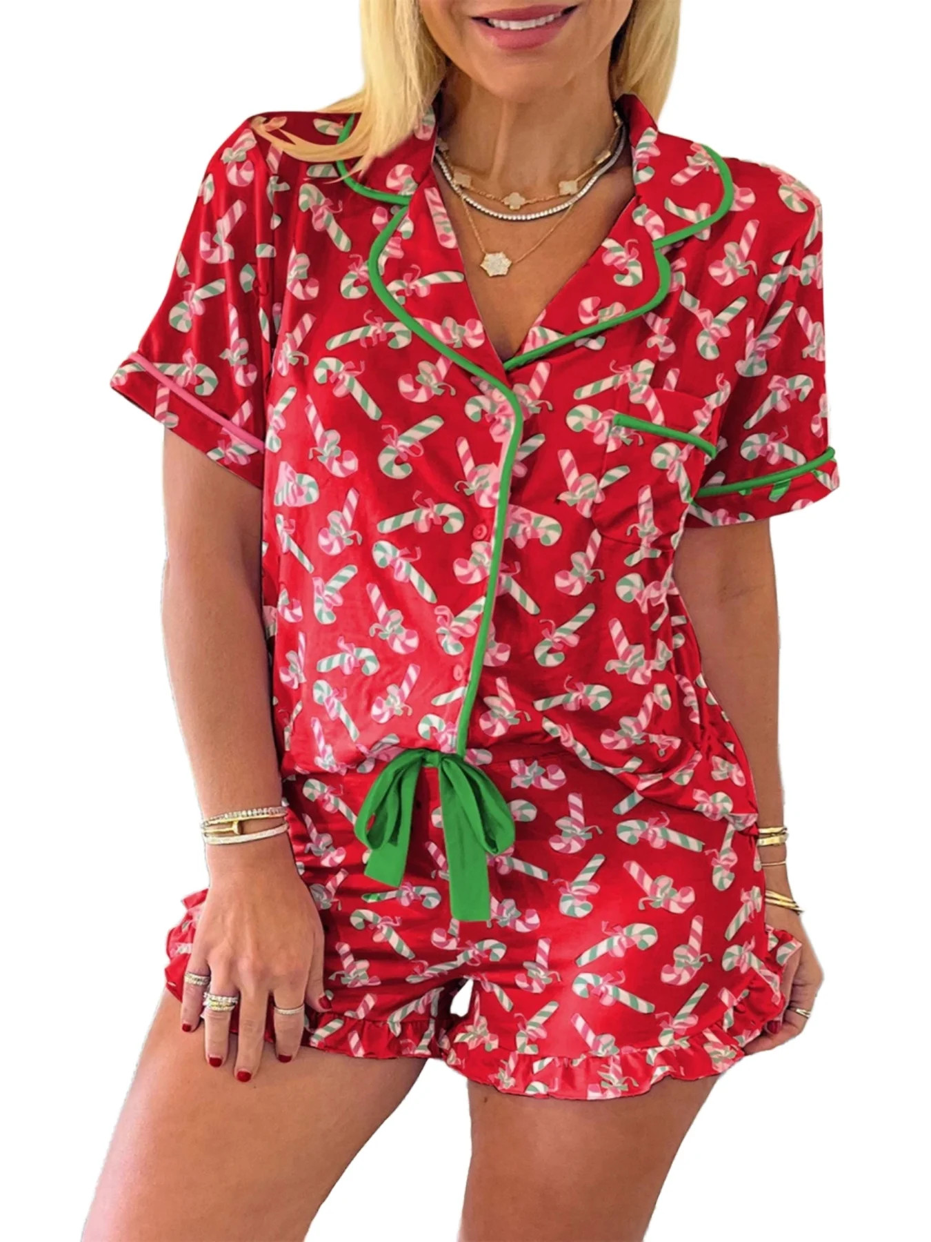 WIBACKER Womens Christmas Lounge Sets Candy Cane Print Pocketed Knotted PJ Set Short Sleeve Xmas ... | Walmart (US)