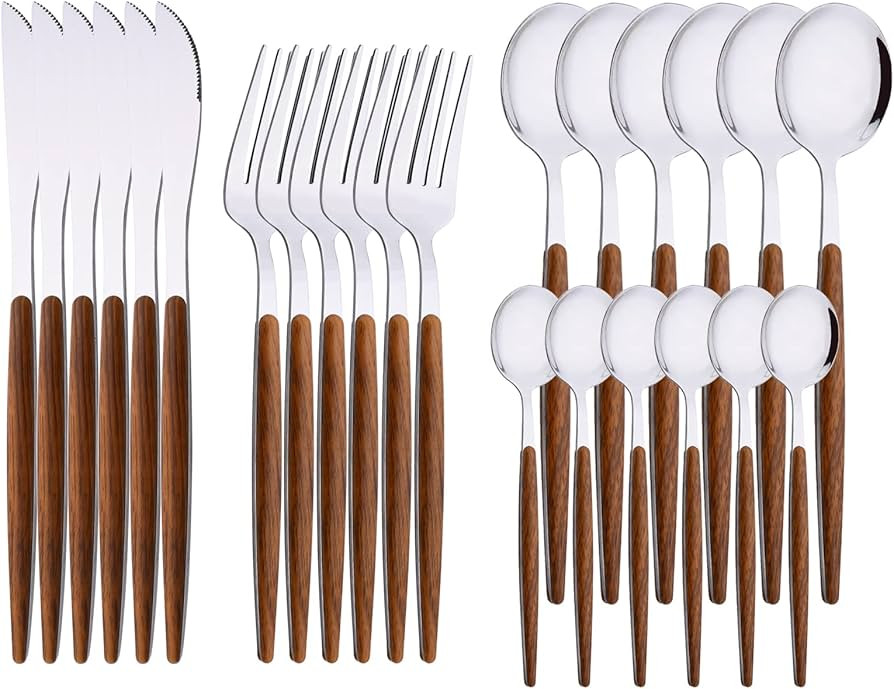 24-Piece Silverware Set for 6, Silver Mirror Polished Stainless Steel Flatware Set, Wooden Effect... | Amazon (US)