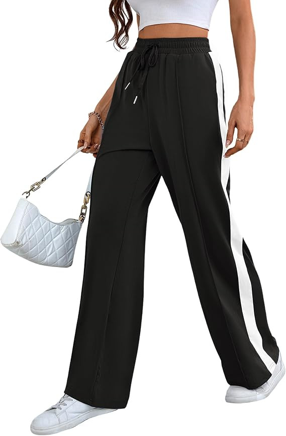 Wide Leg Sweatpants Women High Waisted Baggy Sweat Pants Active Striped Track Pants with Pockets | Amazon (US)