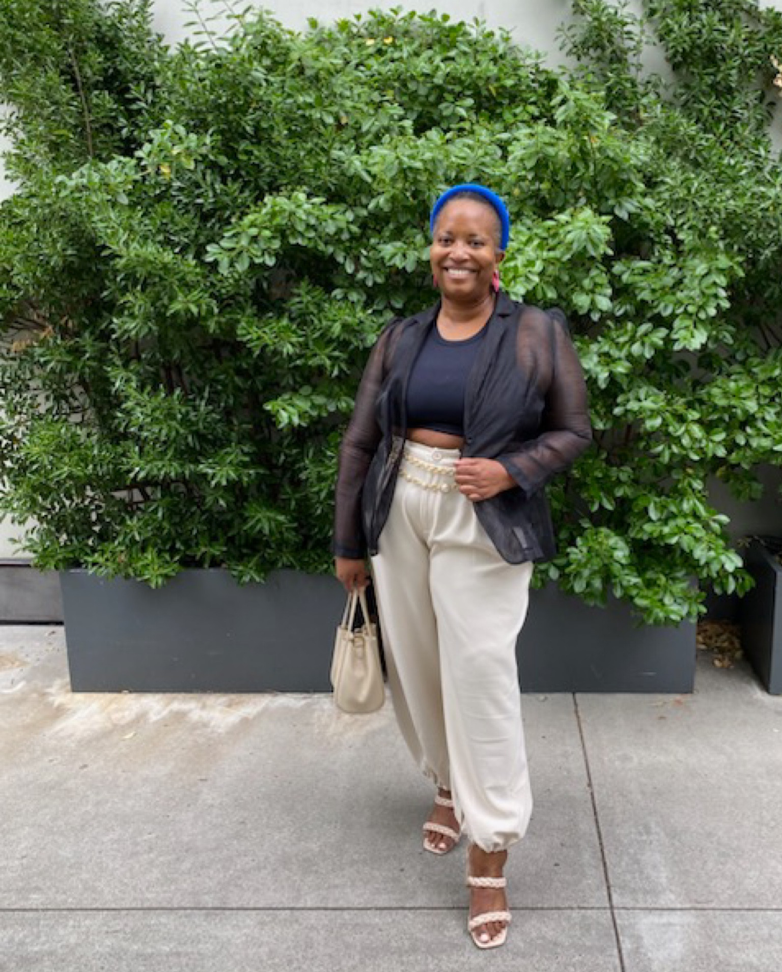Sheer is in and this blazer is a great piece to add to your wardrobe. Keep in mind it is tulle and has no give. 
The pants are perfect for the office they run big so go down a size. They are lightweight and easy. 
I did tuck the tank up to snow a bit more of my mid drift as well. 

#LTKcurves #LTKstyletip #LTKworkwear