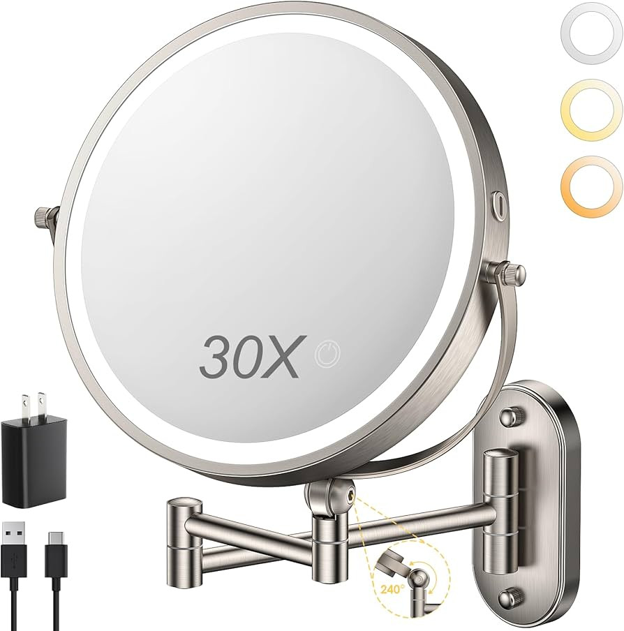 9" Wall Mounted Lighted Makeup Mirror,4000mAh Rechargeable Double Sided 1X/30X Magnifying Mirror ... | Amazon (US)