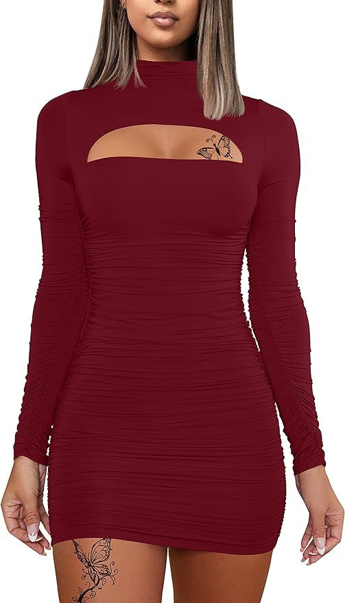 DAAWENXI Women's Sexy Long Sleeve Cut Out Bodycon Ruched Party Club Mini Dress | Amazon (US)