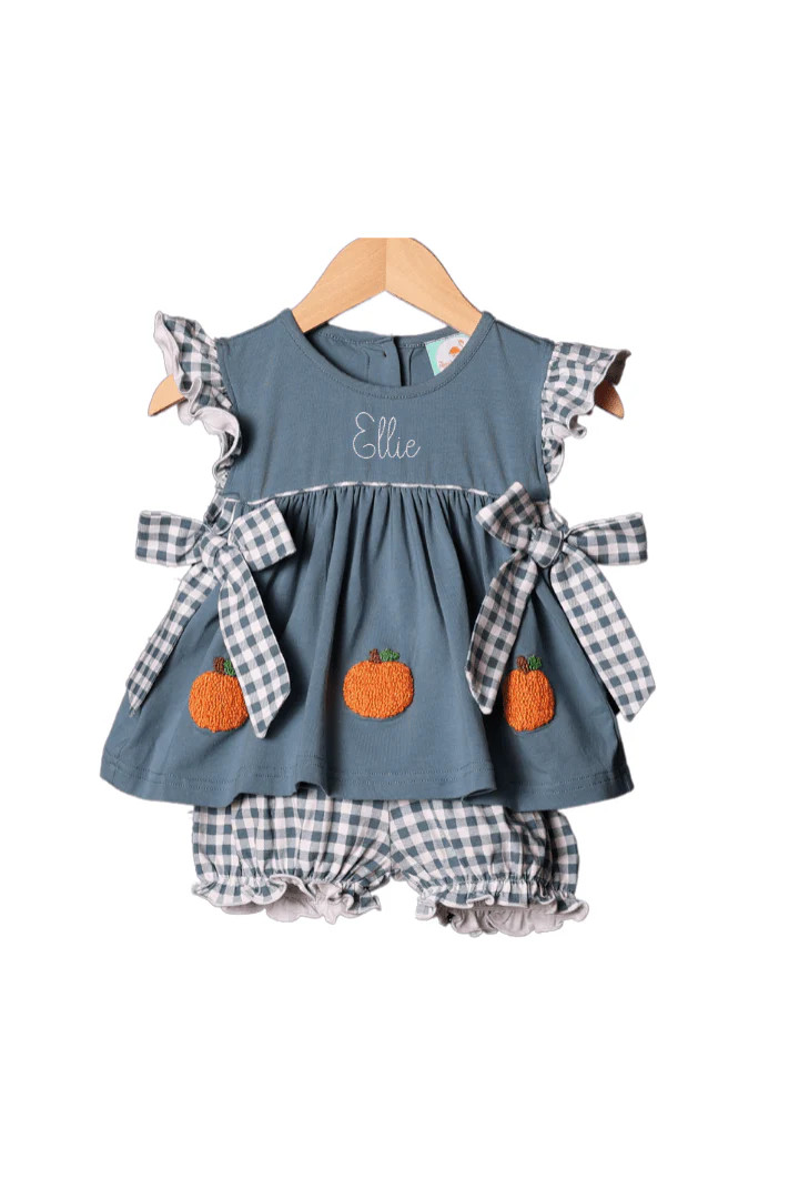 French Knot Pumpkin Stone Gingham BOW Short Set | The Smocked Flamingo