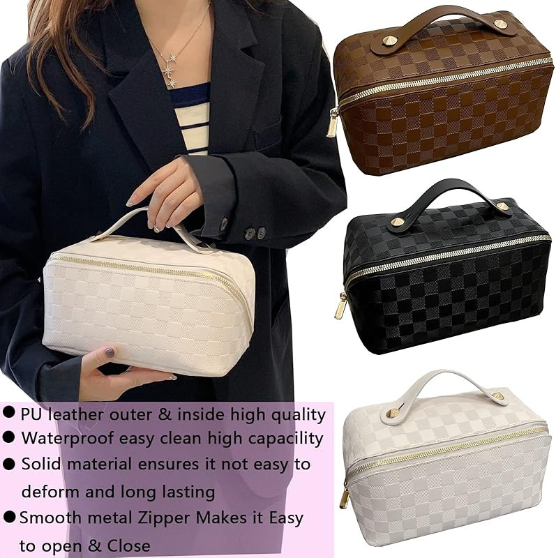 lomkya Checkered Makeup Bag Large Cosmetic Bag PU Leather Makeup Bag Storage For Women Girls Trav... | Amazon (US)