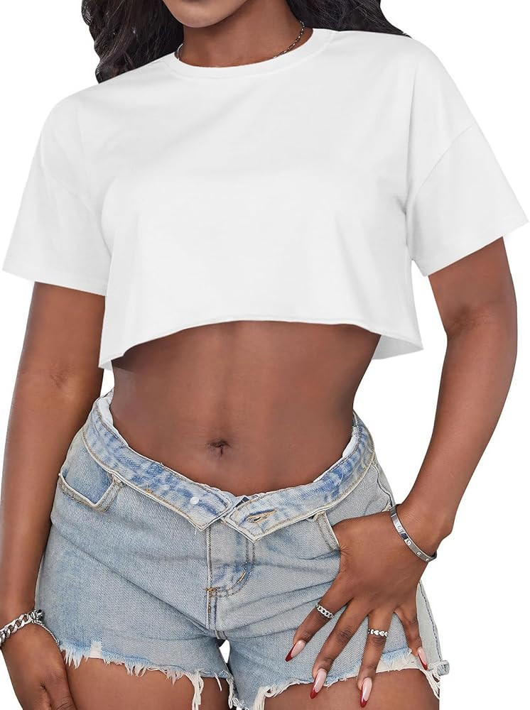 Crop Tops for Women Casual Short Sleeve T Shirts Summer Basic Top Crew Neck Oversized Cropped Tee... | Amazon (US)