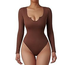 SUUKSESS Women Ribbed Seamless Long Sleeve Bodysuit Square Scoop Notch Neck Bodysuit | Amazon (US)