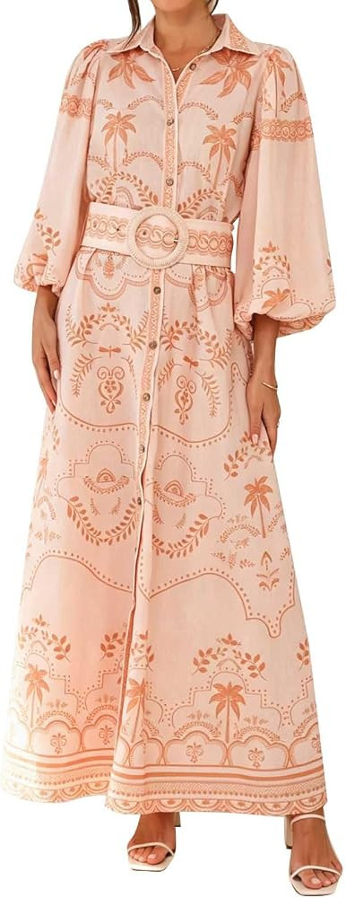 CHICWISH Women Tropical Island Puff Sleeve Belted Shirt Dress Casual Collared Button Down Summer ... | Amazon (US)