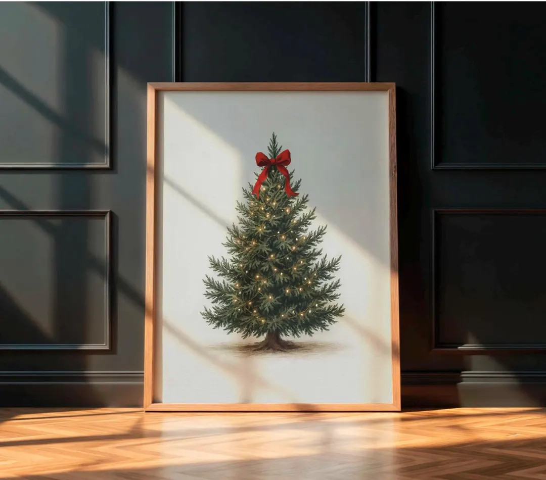 Vintage Christmas Tree Printable | Cozy Holiday Wall Art | Red Bow Tree Digital Download | Farmho... | Etsy (US)