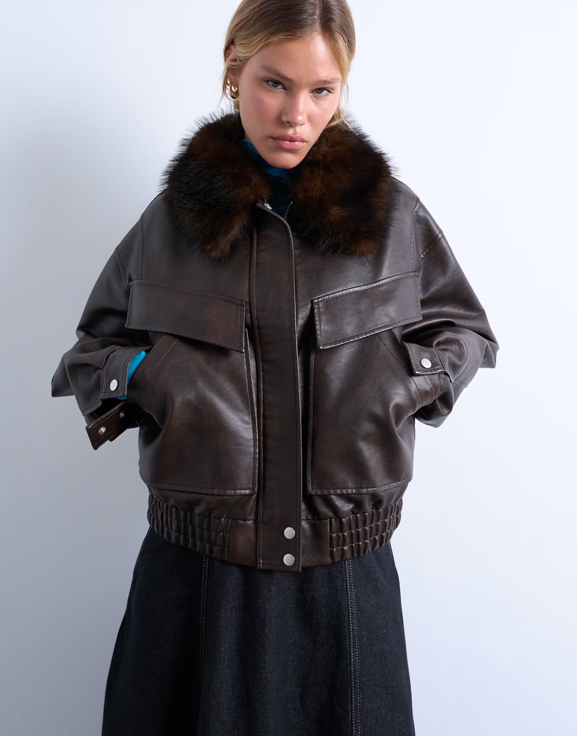 Topshop faux leather boxy zip through pocket bomber jacket with detachable fur collar in washed b... | ASOS (Global)