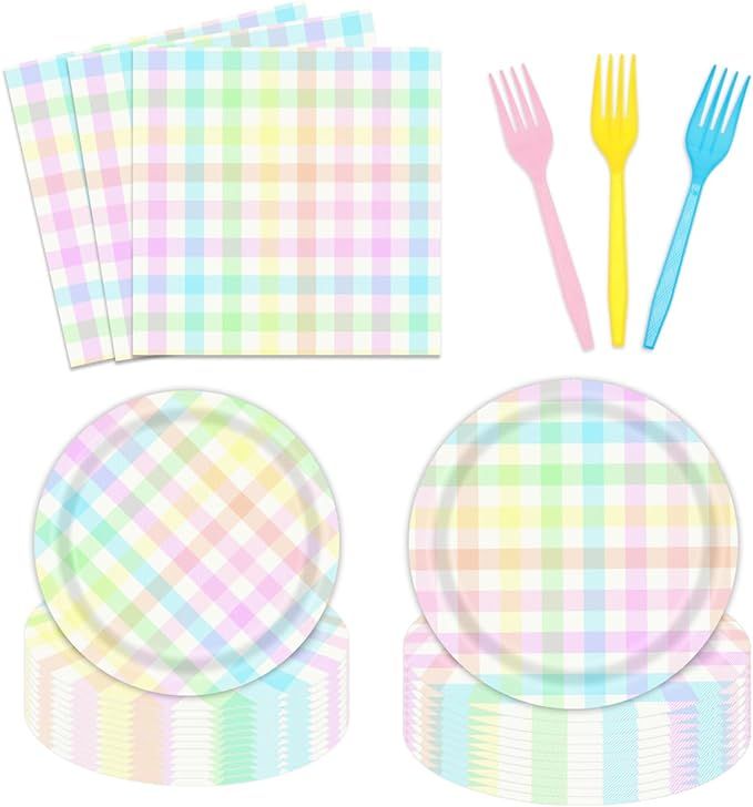 Vanulus 96PCS Easter Plaid Paper Plates Dinnerware Set Spring Coloring Checkered Party Supplies G... | Amazon (US)