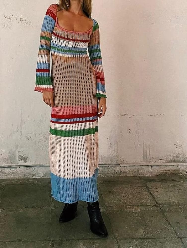 NUFIWI Women Long Sleeve Knit Midi Dress Hollow Out Backless Long Dress Summer Slim Fit Beach Maxi D | Amazon (US)