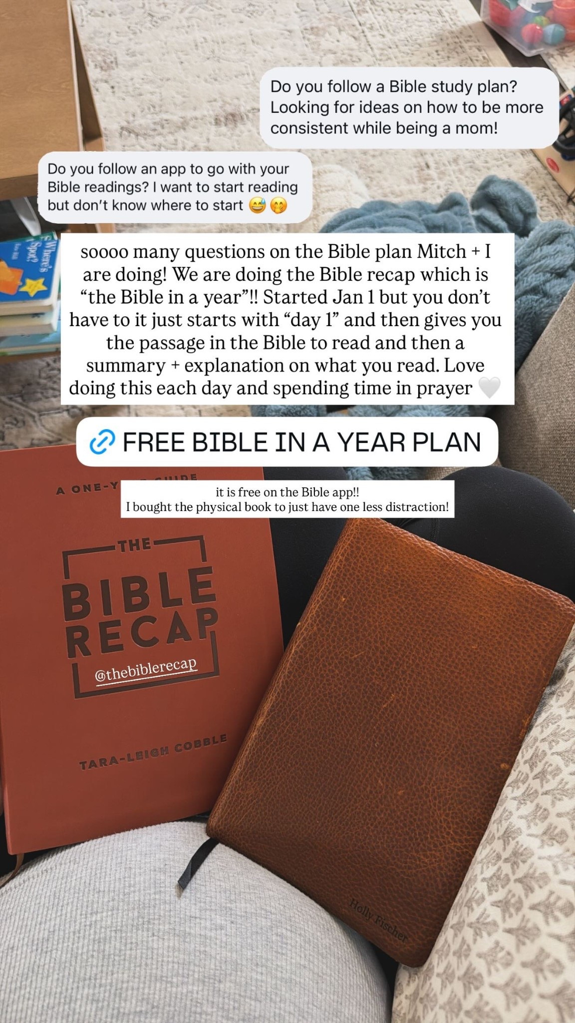 it is free on the Bible app!! 
I bought the physical book to just have one less distraction! @thebiblerecap  soooo many questions on the Bible plan Mitch + I are doing! We are doing the Bible recap which is “the Bible in a year”!! Started Jan 1 but you don’t have to it just starts with “day 1” and then gives you the passage in the Bible to read and then a summary + explanation on what you read. Love doing this each day and spending time in prayer 🤍