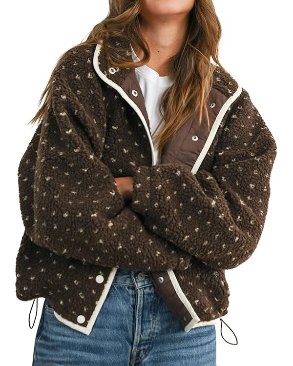 Women's Fleece Jacket Button Down Lapel Collar Sherpa Jackets Long Sleeve Contrast Quilted Outerw... | Amazon (US)