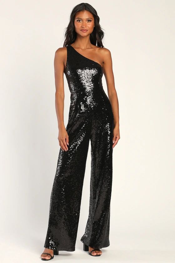 Disco Divine Black Sequin One-Shoulder Jumpsuit | Lulus (US)