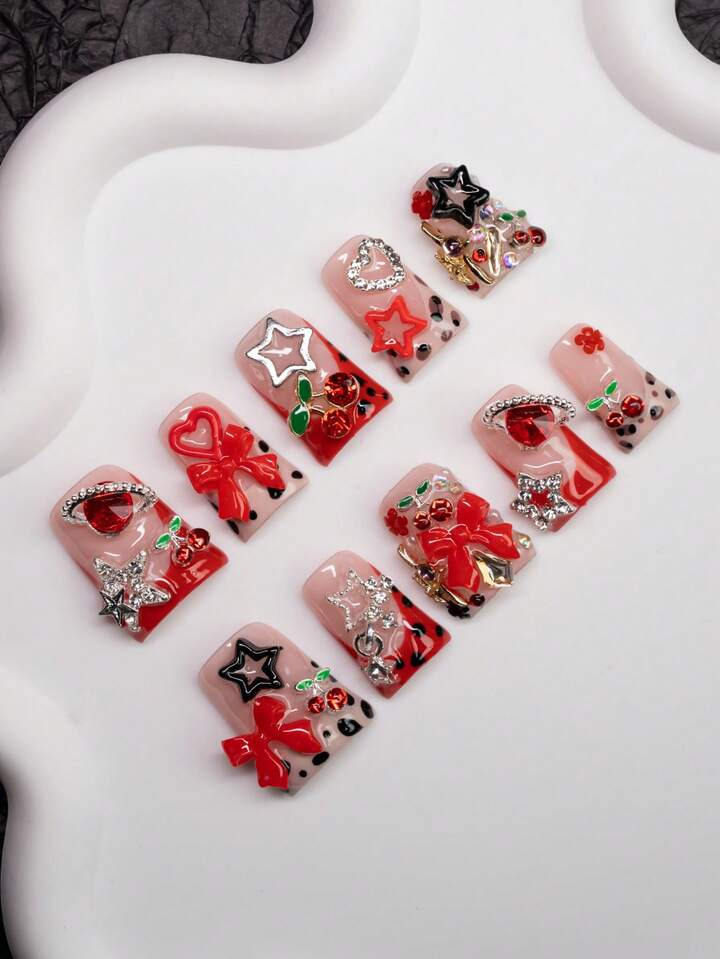 10pcs/Pack Handmade Almond-Shaped Nail Tips With French, Bow, Heart, Planet, Cherry Blossom, Star, Rhinestone Designs, Suitable For Women & Girls, Fit For Party, Wedding, Daily Wear, Comes With Tool Kit, Great Gift For Ladies | SHEIN