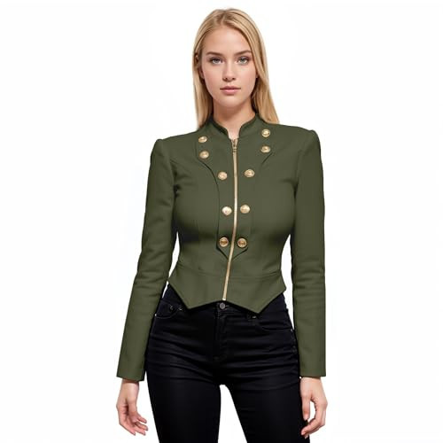 Hybrid & Company Women's Fashion Military Crop Premium Ultra Stretch Gold/Sliver Millennium Zipper Up Dressy Blazer Jacket KJK1125 Olive XLarge | Amazon (US)