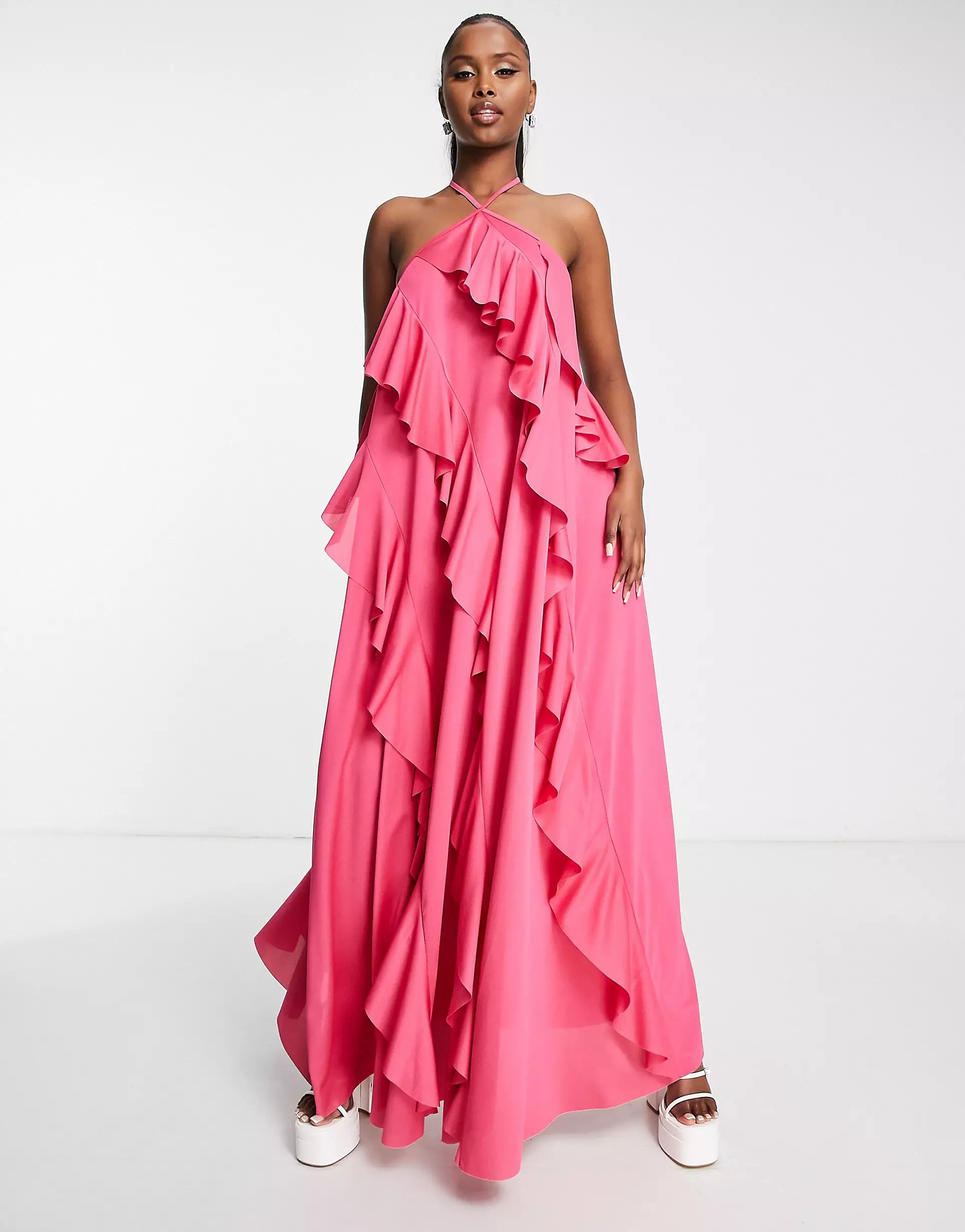 ASOS DESIGN halter tiered ruffle maxi dress in pink - LPINK | ASOS (Global)