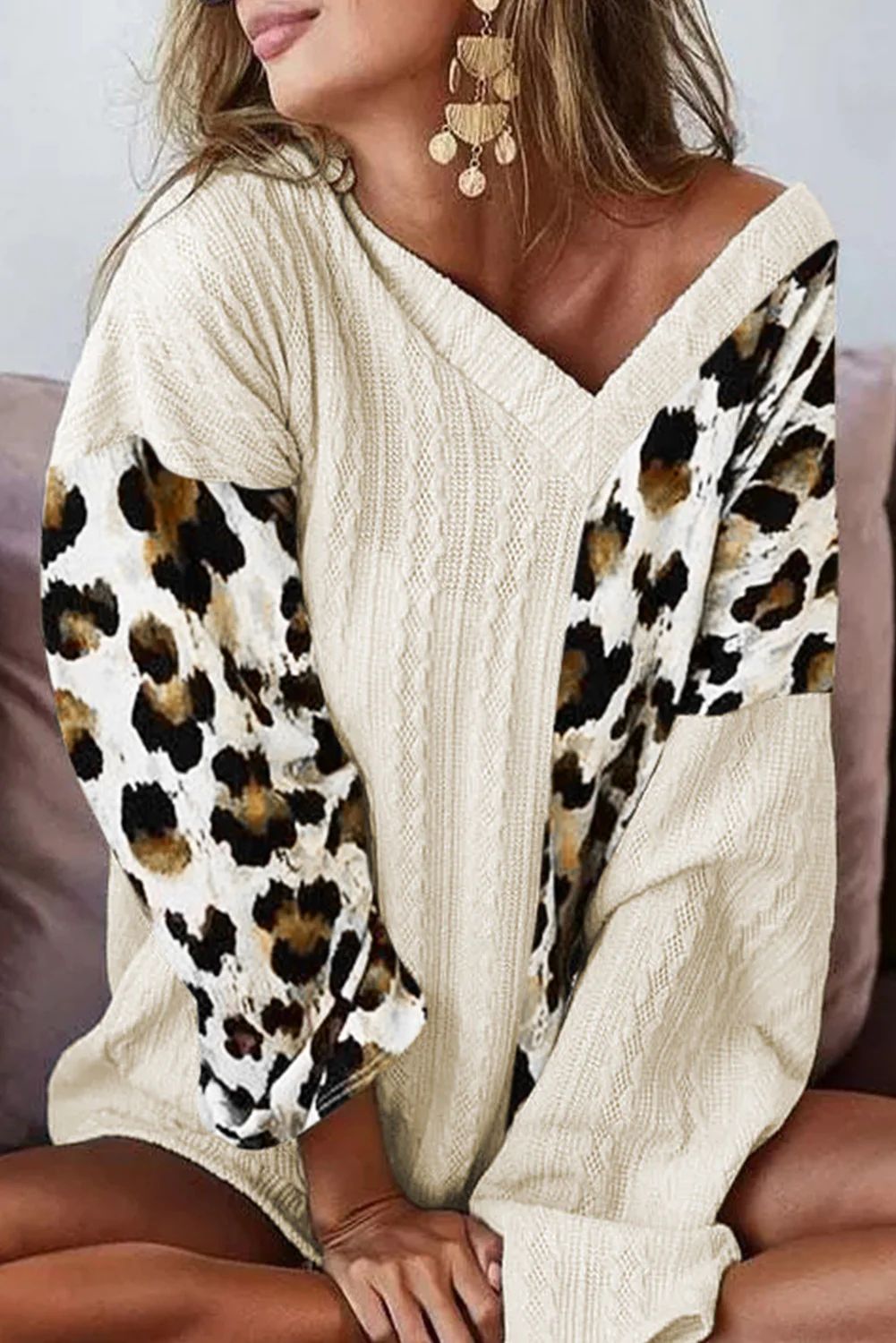 'Amanda' Leopard Sleeve V-neck Sweater | Goodnight Macaroon