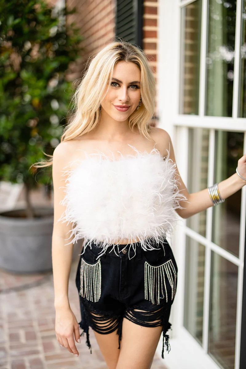 BuddyLove | Fancy Strapless Feather Crop Top | White | BuddyLove