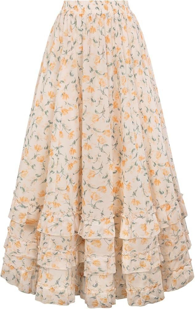 SCARLET DARKNESS Maxi Skirts for Women Floral Chiffon Elastic High Waist Flowy Ruffle Long Skirt ... | Amazon (US)
