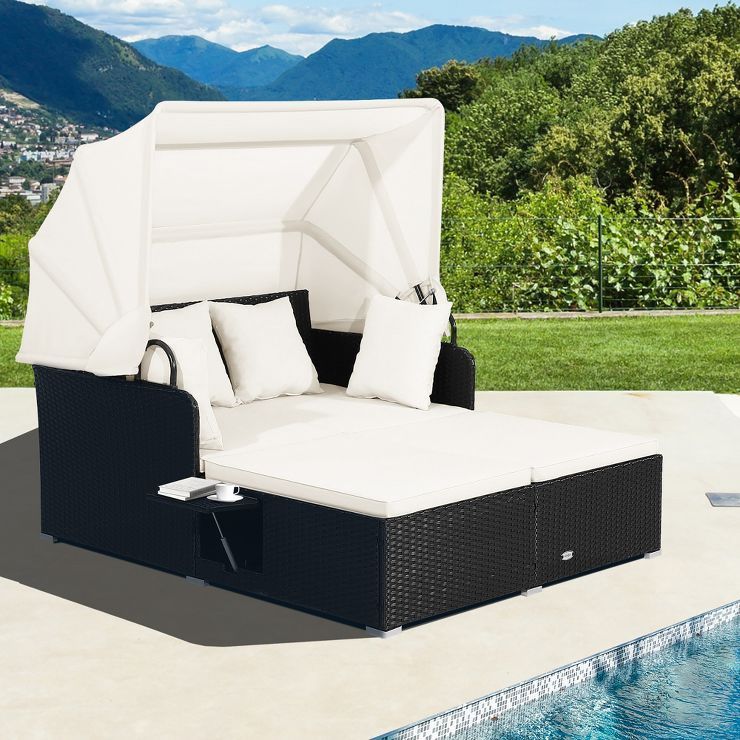 Costway Patio Rattan Daybed Lounge Retractable Top Canopy Side Tables Cushions Off White/Red/Turq... | Target