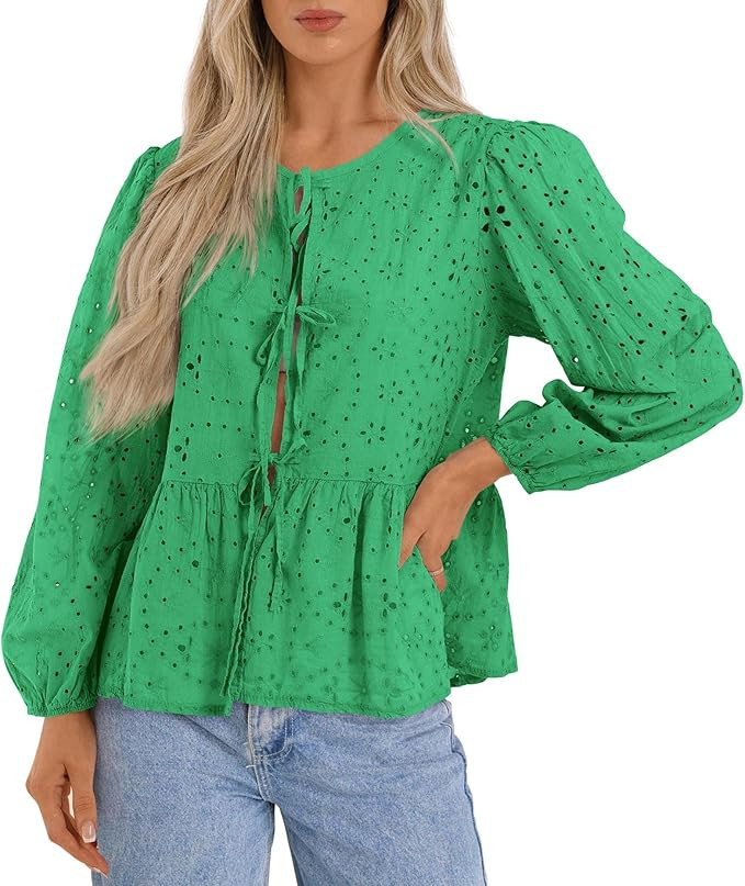 KIRUNDO Womens Tops Casual Dressy Tie Front Bow Puff Sleeve Eyelet Peplum Babydoll Cute Shirts 20... | Amazon (US)