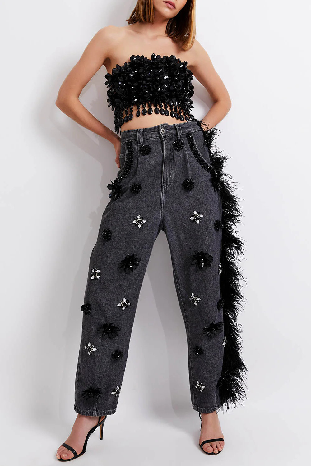 HAND-BEADED JEANS WITH FEATHER TRIM (RUNWAY) | PatBO