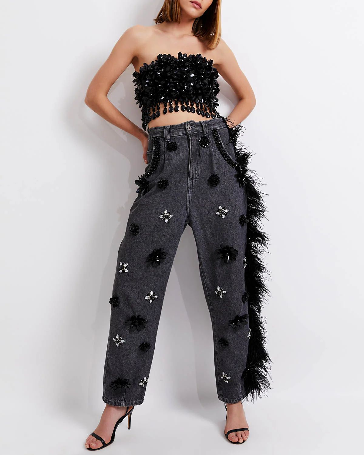 HAND-BEADED JEANS WITH FEATHER TRIM (RUNWAY) | PatBO