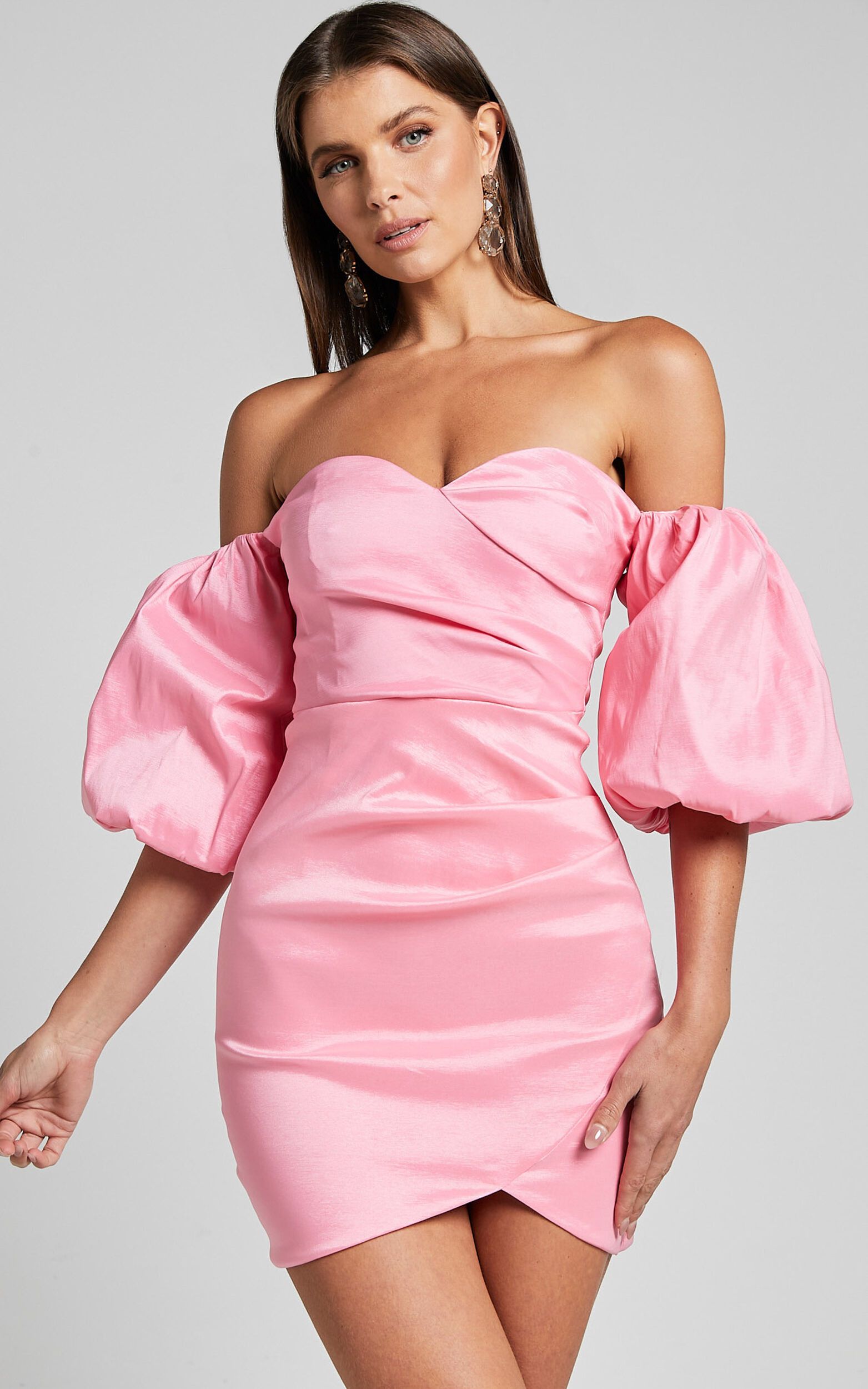 Olive Mini Dress - Sweetheart Off Shoulder Short Puff Sleeve in Pink | Showpo (US, UK & Europe)