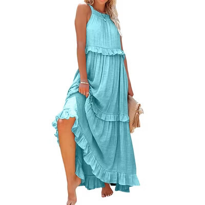 Clearlove Women's Summer Sleeveless Halter Midi Maxi Dress Casual Loose Fit Pleated Tiered Flowy Beach Vacation Long Sundress - Light blue,M | Target