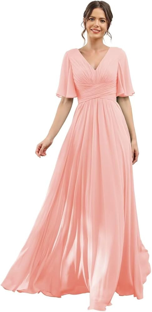 Women‘s Short Sleeve Bridesmaid Dresses with Slit Simple Chiffon Formal Evening Gowns with Pock... | Amazon (US)