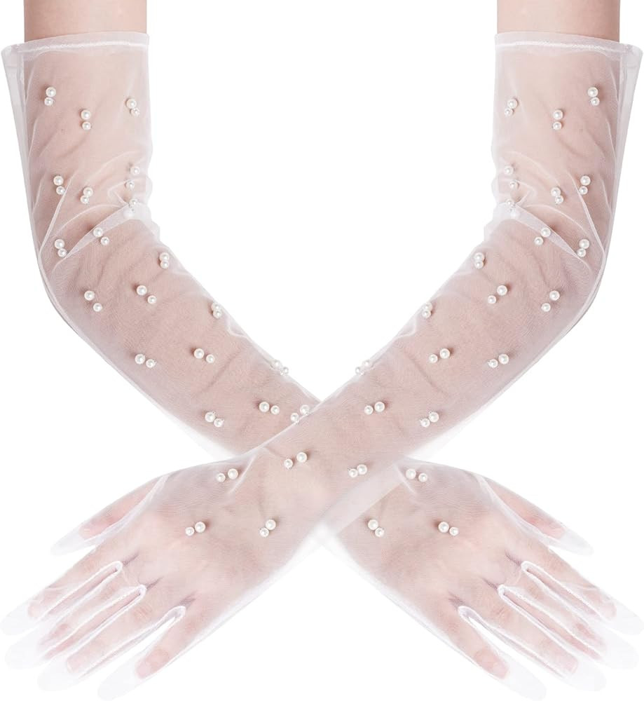mifengda Pearl Gloves Women Long Tulle Wedding Bridal Gloves Sheer Pearl Gloves Mesh Gloves for B... | Amazon (US)