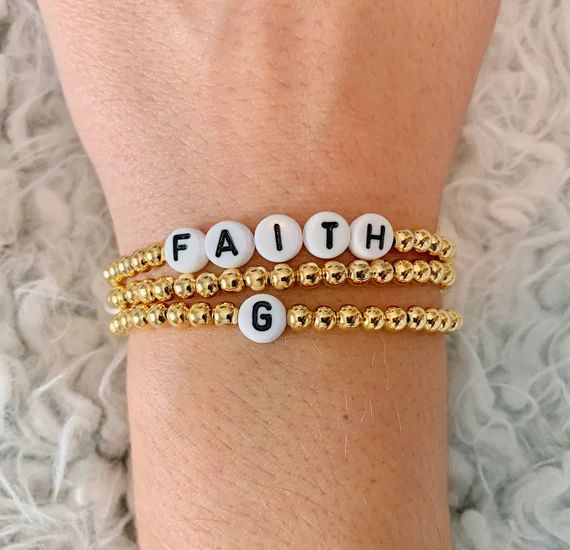 24K Shiny Gold Plated Stretch Personalized Bead Bracelet | Etsy | Etsy (US)