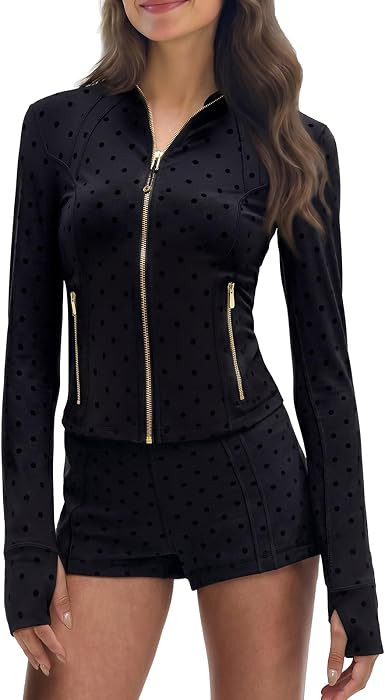 SUUKSESS Women Golden Zipper Lightweight Cropped Jackets with Thumb Holes | Amazon (US)