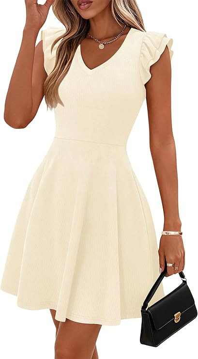 Lazysmile Summer Dresses for Women Ruffle Short Sleeve V Neck A Line Swing Ribbed Knit Casual Min... | Amazon (US)