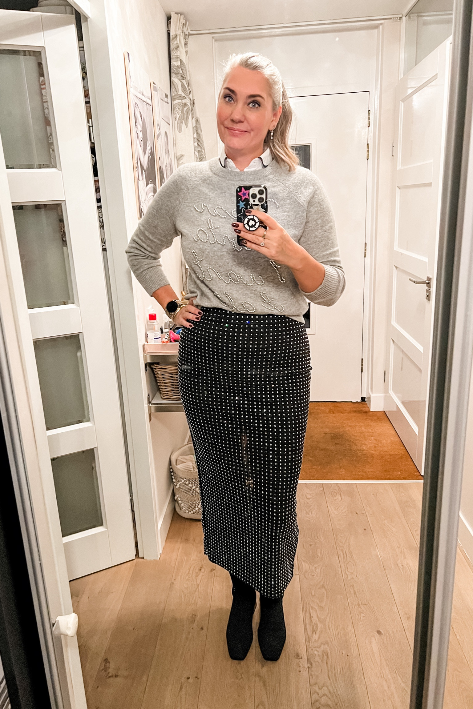 Ootd - Wednesday. Strass mesh pencil skirt with a very old Christmas sweater, dicky collar and Vivaia boots. 

#LTKgift 

#LTKHoliday #LTKstyletip #LTKparties