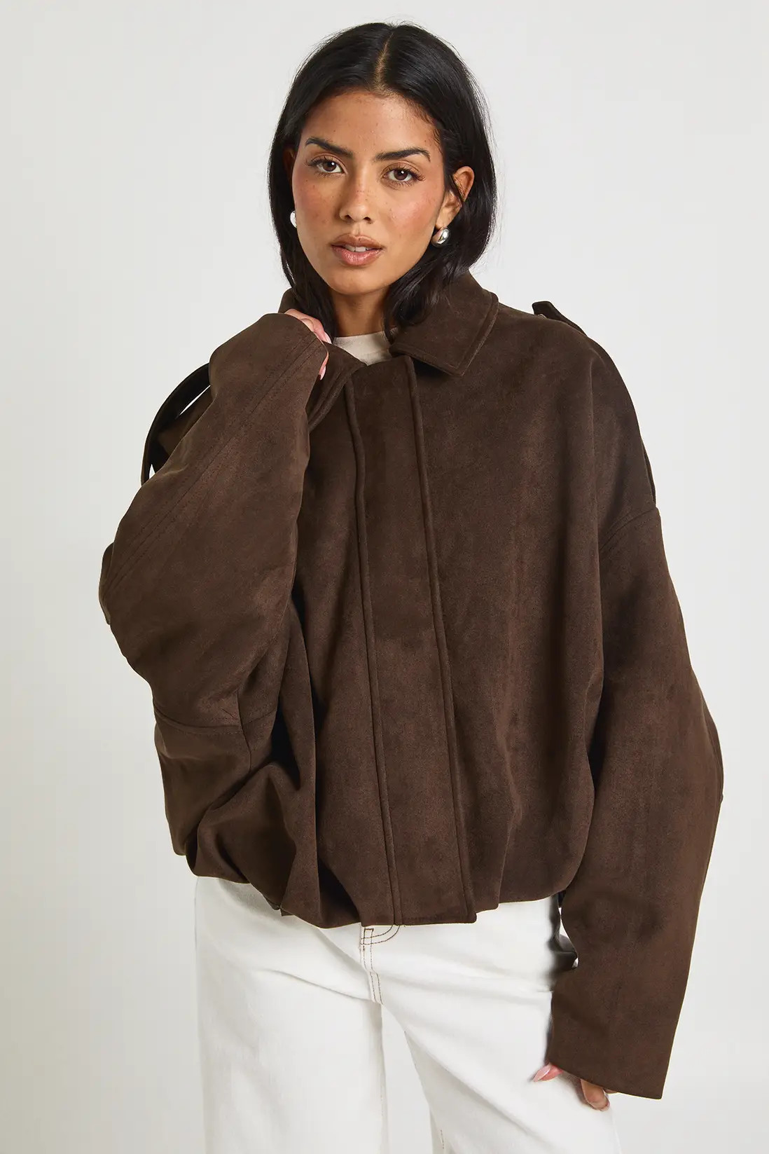 Chocolate Suede Bubble Hem Bomber Jacket | Boohoo | Boohoo.com (UK & IE)