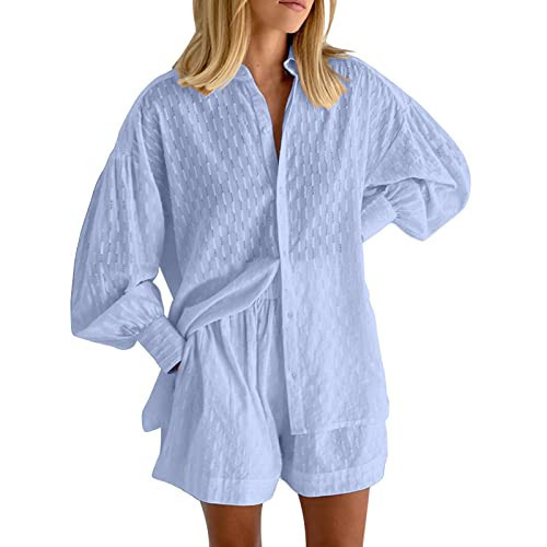 Summer Vacation Outfits For Women Beach 2 Piece Set Plus Size Outfits Solid Loungewear Set Top and (Sky Blue-B, XXL) | Amazon (US)